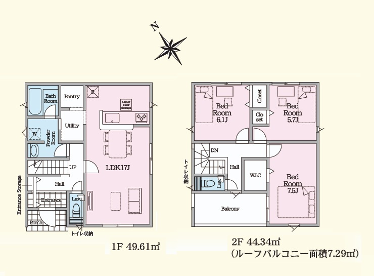 Cradlegarden　 日立市川尻町　第7　1の間取り|　
☆洗面室2WAY出入り口で生活動線をコンパクトに。自由度の高い収納スペースWIC、パントリーも配備しました。全室明るい二面窓、通風も良好です。
