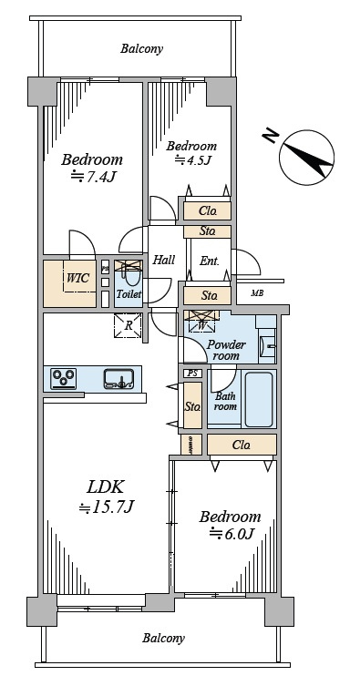 パークシティ白岡ウエストガーデンの間取り|15.7畳のLDKを中心に、全居室に収納を備えた機能的な3LDKです。主寝室にはWIC付き。南西・北東の2面バルコニーで通風も良好です。家事動線に配慮された水回りの配置も魅力です。
