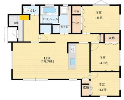 丸亀市中府町４丁目　新築オール電化住宅の間取り|ＬＤＫ:19.7帖　洋室6帖　洋室4.5帖　洋室4.5帖