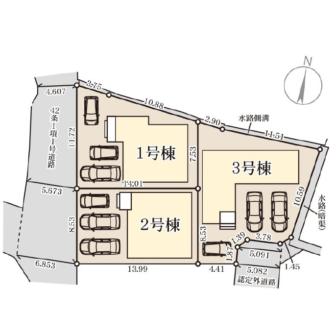 リーブルガーデン南城市大里高平・２号棟の区画図|区画図／接道状況：西側4.5ｍ公道・南側5ｍ公道