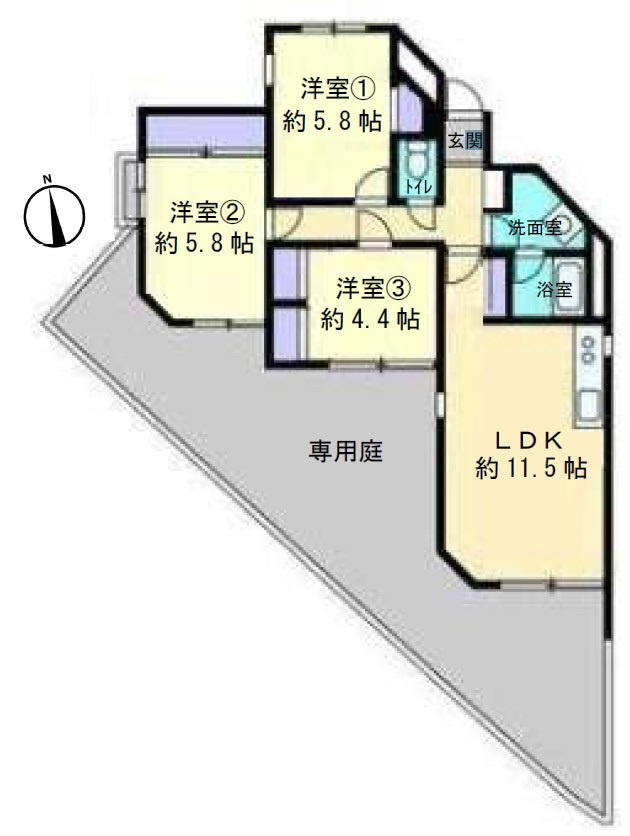 ロイヤルパレス戸坂の間取り|南向き！庭付き！個性的なL字の間取りは縦と横で空間をエリア分けできる心地よい住空間です。