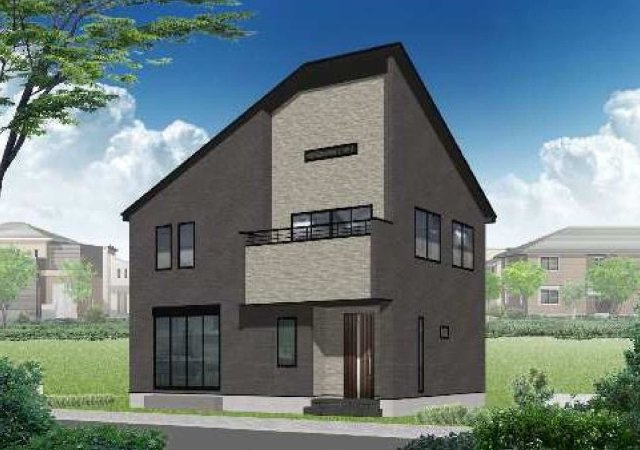 南道路×整形地55坪｜広い庭と21帖LDKの開放感｜WIC×2＋SIC＋小屋裏収納で片付く家｜今宿1丁目新築戸建て★仲介手数料無料★の外観パース|落ち着いた色合いで統一されたシンプルモダンな外観デザイン。直線的で洗練されたフォルムが街並みに映え、上質な印象を与えます。南側の開口部から光を取り込む、明るさも意識された設計です。