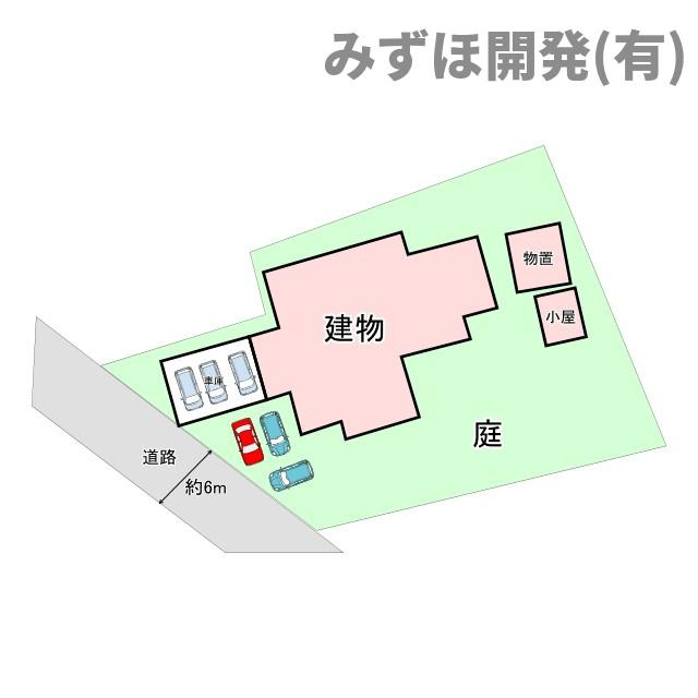 天童市貫津2376-1の区画図|車庫に３台、玄関前に３台、合計6台駐車可能です。