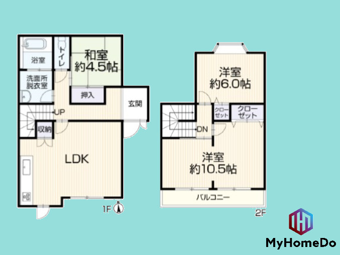 北区中味鋺の間取り|開放感ある10.5帖の洋室が魅力！2階2部屋＋1階和室でマルチに使える3LDK