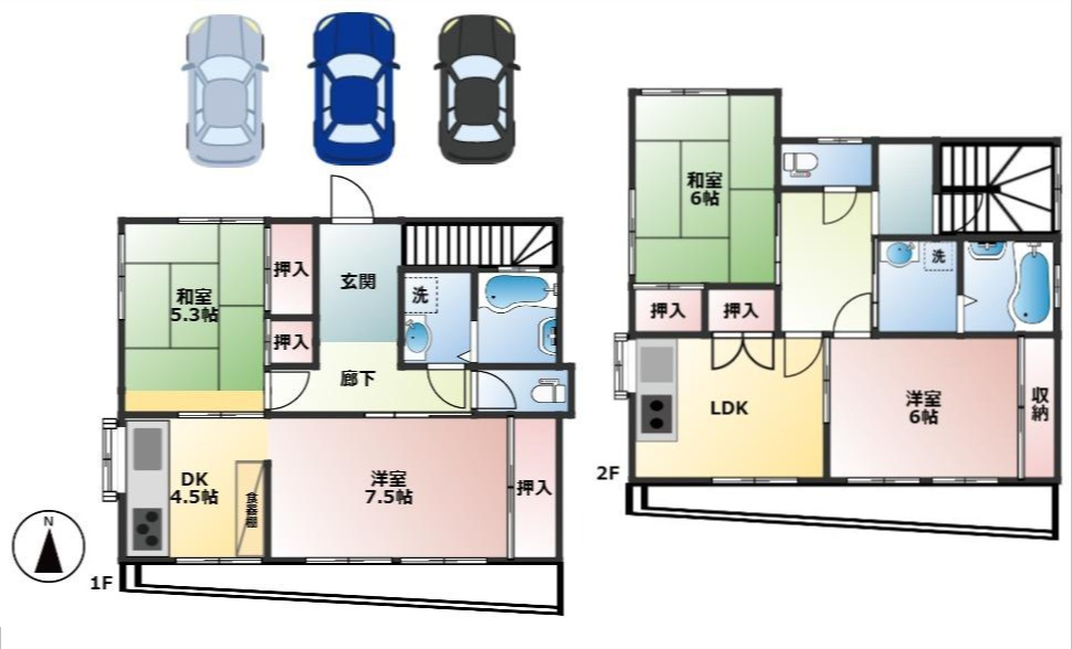 入間市東町４丁目中古戸建【事務所兼自宅に最適】駐車場3台×2世帯の間取り|【2世帯にもおすすめ】1階と2階にキッチンがある利便性の高い間取り。プライバシーを保ちつつ、家族の繋がりを感じられるゆとりある設計です。