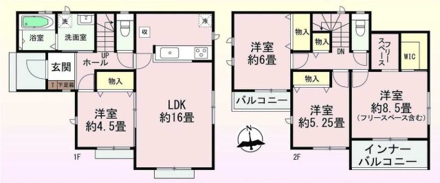 新築　高崎市中豊岡町　Heartful　Town　A号棟の間取り|建物面積102.68㎡　全居室南向き♪フリースペース・ウォークインクローゼット・各部屋収納付きで便利です！インナーバルコニーなので急な雨でもお洗濯物も安心です。