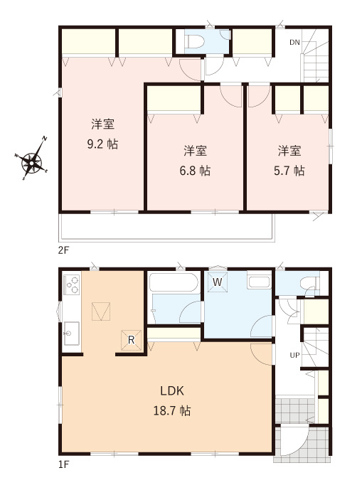 富士見市大字東大久保の新築一戸建の間取り|LDKは広々18.7帖。独立キッチンを採用し、リビングダイニングにもゆとりがあります。全室南向きで明るく、収納も各所にあるため片づけやすい設計です。