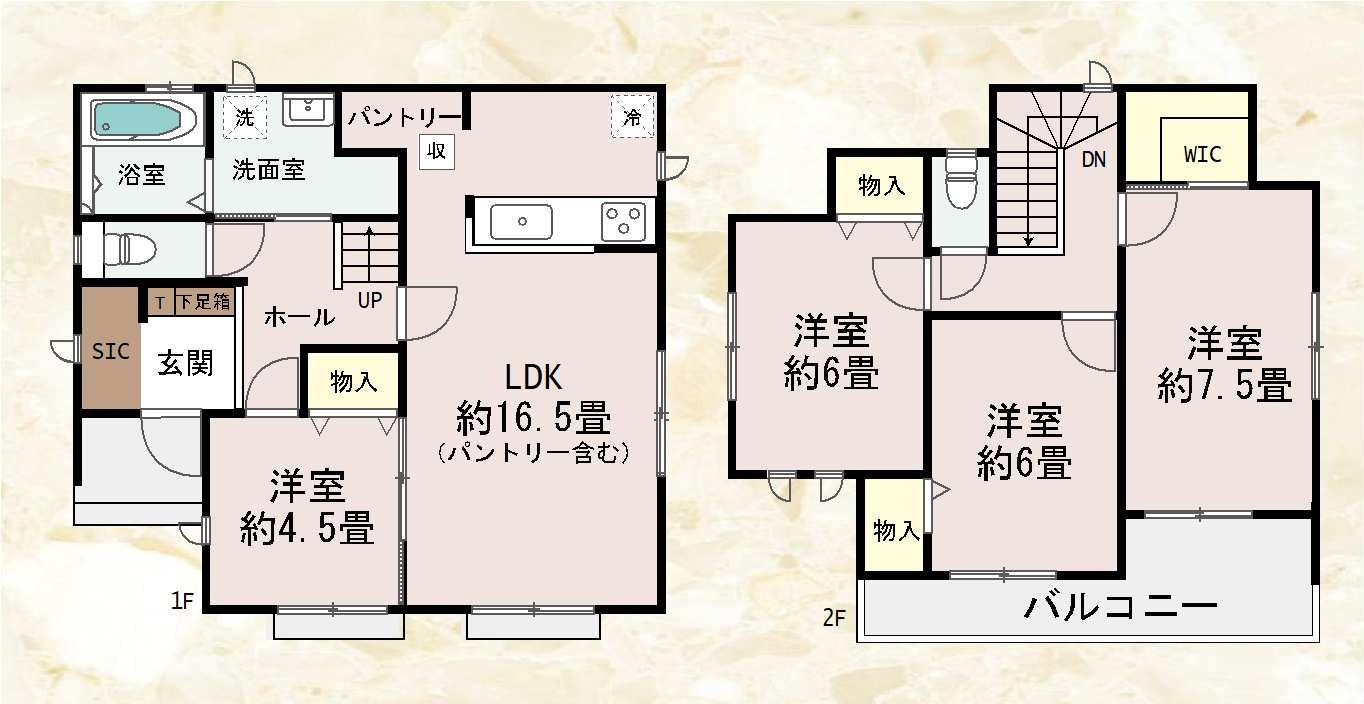 新築　高崎市片岡町2丁目　Heartful　Town　B号棟の間取り|建物面積102.26㎡　シューズクローク・パントリー・ウォークインクローゼット・各部屋収納付きで便利です！二部屋分のバルコニーはお洗濯物が沢山干せます◎
						
