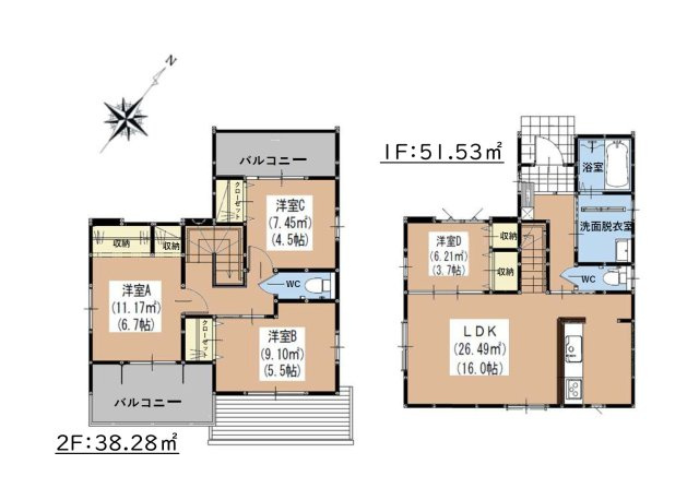 福岡市南区野多目2丁目第2-2棟（1号棟）の間取り|全居室収納付きで便利です。