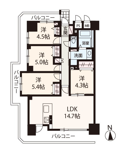 【間取り】 | ルイシャトレあびこ | 引き回しバルコニー付き角住戸！77平米超の4LDKリフォーム物件。即お引渡し可能です！内覧をご希望の際はお気軽にお電話ください。