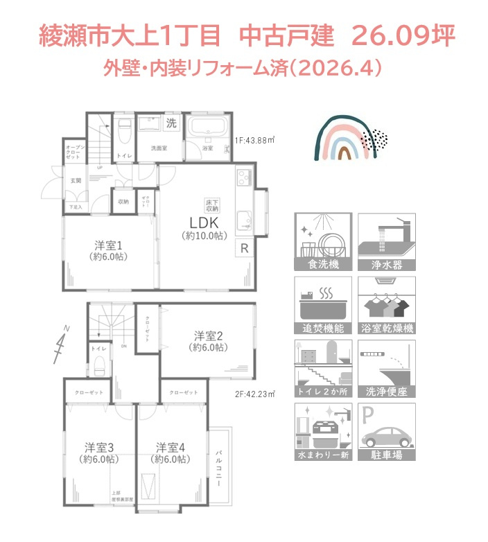 【現地画像あり】綾瀬市大上1丁目　中古戸建　26.09坪の間取り|全居室6帖◎日々のお手入れラクラク！全室フローリング仕様◎　　　　
玄関や各部屋に収納がございます♪