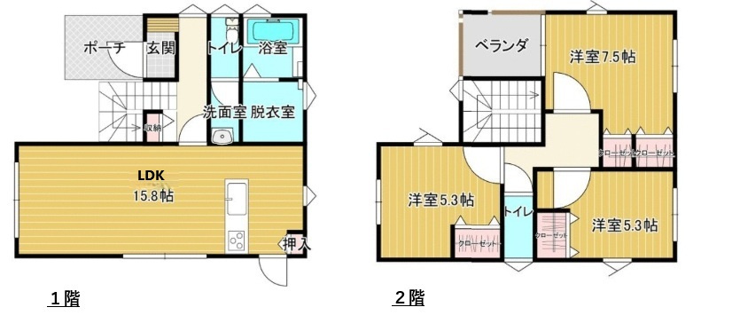 丸亀市中府町４丁目　新築オール電化住宅の間取り|１階　LDK：15.8帖　２階　洋室7.5帖　5.3帖　5.3帖