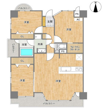 【間取り】 | プレジデント寺塚☆仲介手数料無料☆ | デザイン性と機能性を兼ね備えた、洗練されたリノベーション空間。木のぬくもりを感じる内装が、落ち着きのある住まいを演出します。お気に入りの家具を置いて、自分たちだけの特別なリビングを作り上げてください。