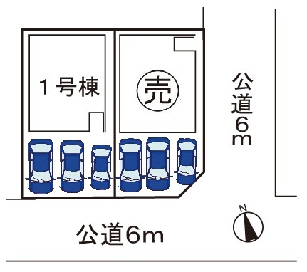 小牧市中央３丁目　新築戸建　１号棟の区画図|駐車場並列３台可（車種による）