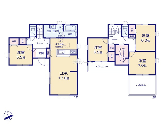 阿久比町植大中案留45-1『仲介手数料無料』新築一戸建て・建売の間取り|　1号棟　1F:LDK17帖！キッチン収納♪ゆとりの洗面室♪ホール収納♪洋室5.2帖　CL設置！2F:主寝室7帖　WIC設置！洋室6帖・洋室5.2帖　CL設置♪ホール収納♪2南面バルコニー♪