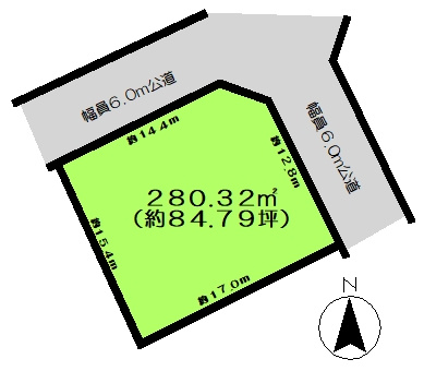 小坂町　土地約84坪の土地図|敷地面積280.32平米（約84.79坪）