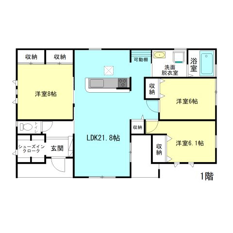 【間取り】 | フォーセール渋川市第8半田ー① | 人気の3LDK「平屋」住宅登場です！
玄関には嬉しいシューズインクローク完備！
