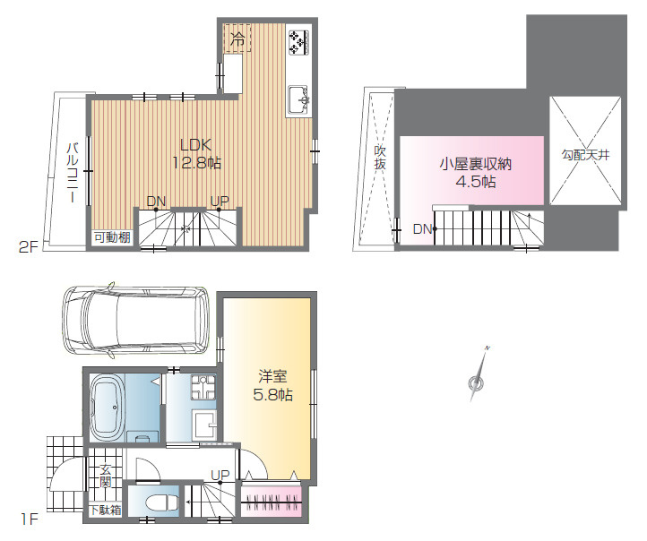 杉並区下井草1丁目　シンプル邸宅　限定1棟の間取り|1LDK+小屋裏収納(固定階段式)+カースペース　敷地面積 46.40ｍ2　建物面積 46.12ｍ2

