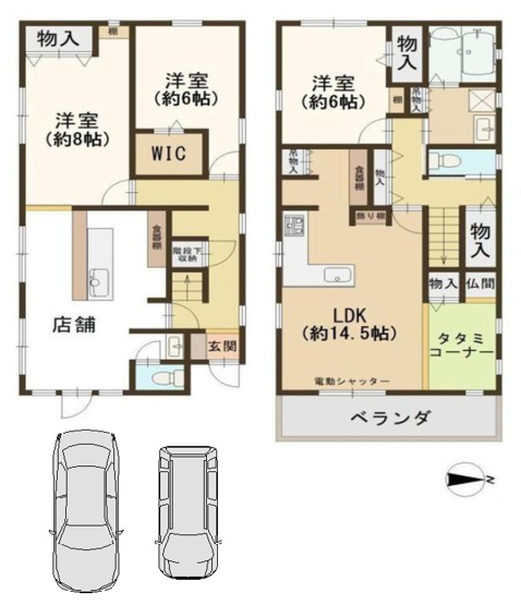 【間取り】 | 八尾市南本町6丁目 | 2階建て♪現況「店舗＋3LDK＋駐車2台」敷地約39.9坪！※店舗を住居に変更可能！室内リフォーム済み☆食洗機・浴室乾燥機完備☆照明器具付きです☆