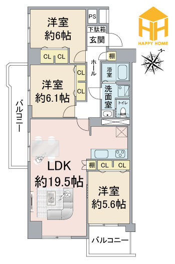 武庫川あおぞらのまち住宅25号棟の間取り|※現況と図面が異なる場合現況を優先いたします。
