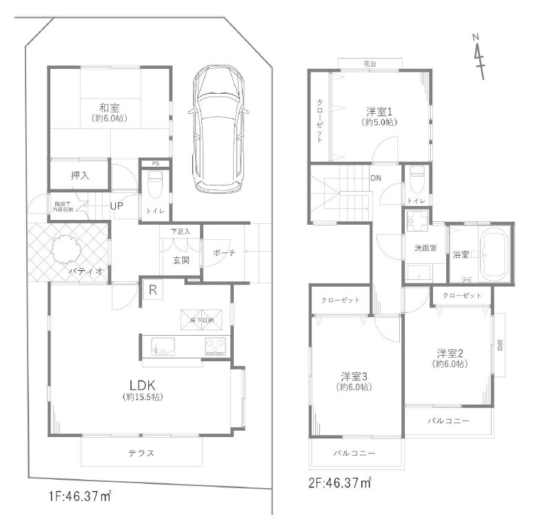 杉並区桃井1丁目　専用パティオ　角地に佇むゆとりの邸の間取り|4LDK+パティオ+カースペース　敷地面積 101.98ｍ2　建物面積 92.74ｍ2