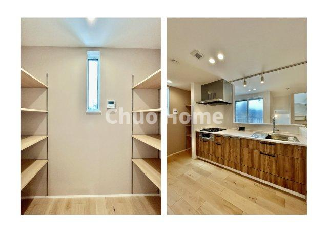 江戸川区南篠崎町1丁目新築分譲住宅のキッチン|大容量パントリーのあるキッチンスペース