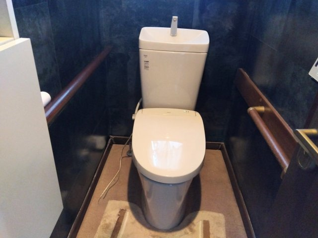 売中古戸建　富士市中里のトイレ|トイレには窓があり明るい室内です。ブルーのタイルがアクセントになっています。