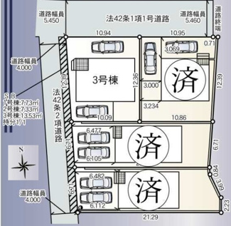 【区画図】 | 寒川町倉見  3号棟 第58 | 3号棟　角地　西側約4.0ｍ（セットバック済・持分有）・北側約5.4ｍ各公道　駐車2台（車種によります）　敷地面積39.3坪