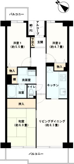 ガーデンシティ狭山壱番館の間取り|ファミリー向けの３LDKタイプ