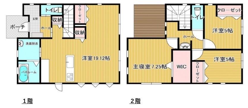 丸亀市中府町３丁目　新築オール電化住宅の間取り|間取り：１階　LDK19.12帖　２階　主寝室7.25帖　洋室５帖　洋室５帖