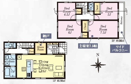 川越市的場　4SLDK+カースペース3台付き　新築戸建ての間取り