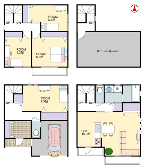 【間取り】 | 平野区喜連3丁目 | 収納豊富！4LDK＋インナーガレージ☆スマートキーで楽々解施錠☆宅配ボックス付き☆2階に水廻り設備集約の家事ラク動線♪ルーフバルコニー付きです☆