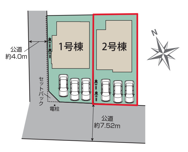 宇都宮市東原町　2号棟の区画図|土地面積：125.41㎡（46.10坪）カースペース３台可能です。