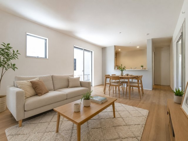 八潮市　鶴ケ曽根　新築戸建　全1棟の居間・リビング|ゆったりとした居間です ※家具をCGで加工しており、家具付き販売ではございません。