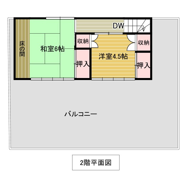 「外壁塗替え済」高知市竹島町　中古戸建のその他|2階間取り図。日当たり良好の広々バルコニーで洗濯物をたくさん干せます♪