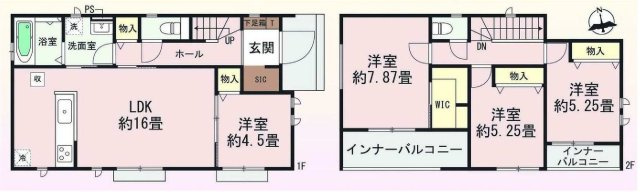 新築　前橋市朝日が丘町　Heartful　Town　１号棟の間取り|建物面積96.88㎡　全居室南向き♪シューズインクローク・ウォークインクローゼット・各部屋収納付きで便利です！インナーバルコニーなので急な雨でもお洗濯物も安心です。