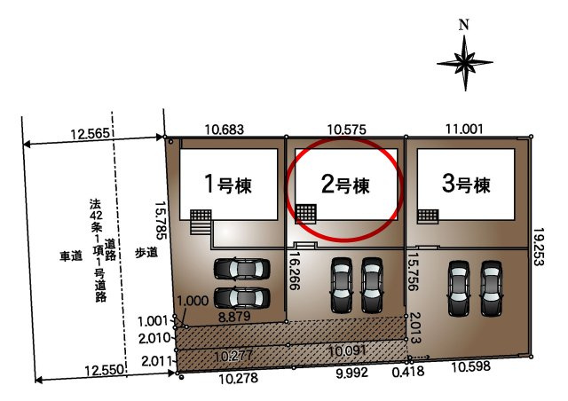 クレイドルガーデン前橋市川原町第４　２号棟の区画図|駐車場２台ご用意しています！
並列駐車なので、車の出し入れもしやすいですよ！