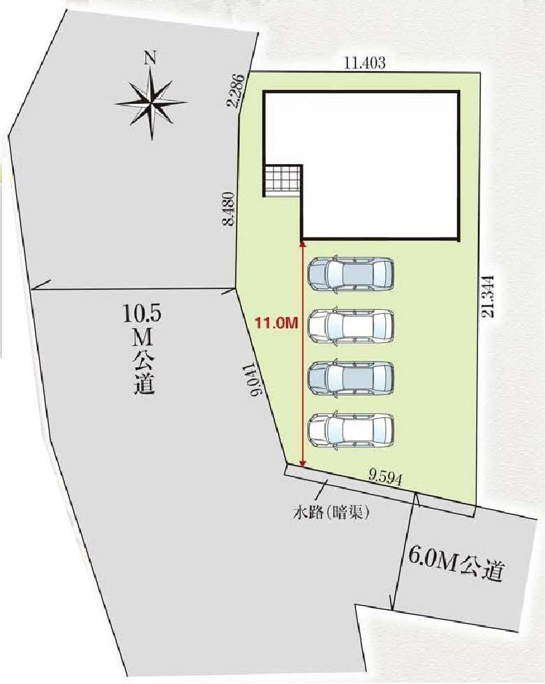 新築　佐波郡玉村町上飯島2期　GRAFARE　１号棟の区画図|1号棟　区画図　西側接道幅員約10.5ｍ　南側接道幅員約6ｍ			
	
			
	
