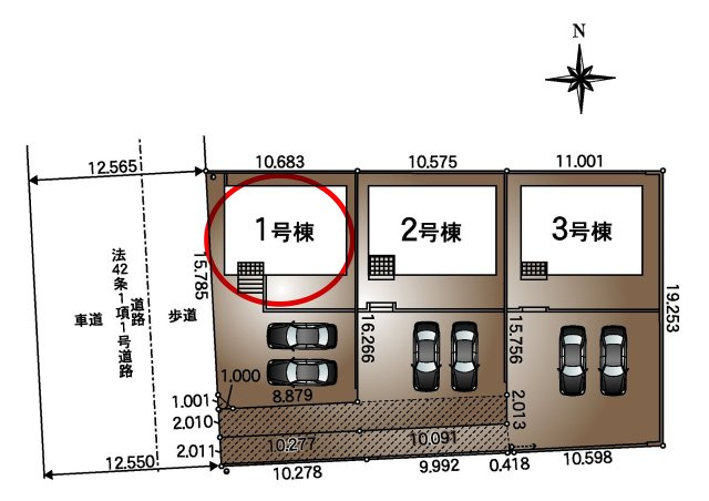 クレイドルガーデン前橋市川原町第４　１号棟の区画図|駐車場２台ご用意しています！
並列駐車なので、車の出し入れもしやすいですよ！