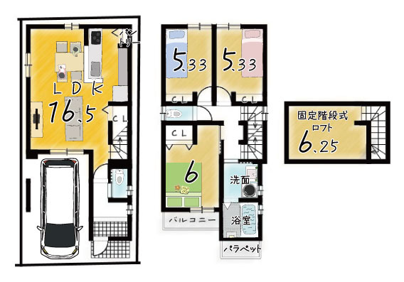 中堂寺庄ノ内町　2Fプランの土地図＋建物プラン例