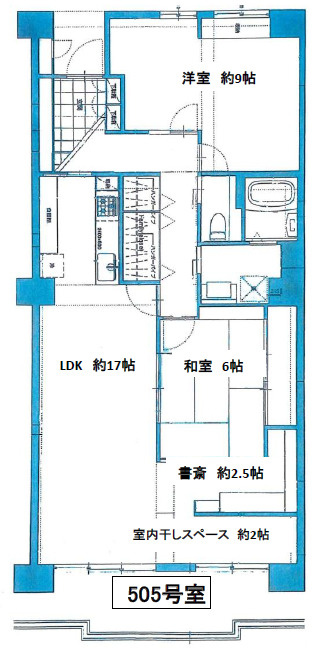 第五恵美酒マンション　5階の間取り|2ＬＤＫ＋書斎＋室内干しスペースです。