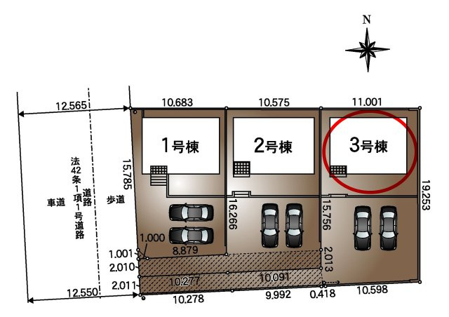 クレイドルガーデン前橋市川原町第４　３号棟の区画図|駐車場２台ご用意しています！
並列駐車なので、車の出し入れもしやすいですよ！