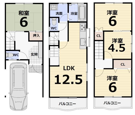 【間取り】 | 平野区長吉長原西3丁目 | 【4LDK＋車庫】室内水廻り設備一新！全面リフォーム済み☆食洗機・バス追炊機能・浴室乾燥機完備☆2階に水廻り設備集約、家事ラク動線確保です♪