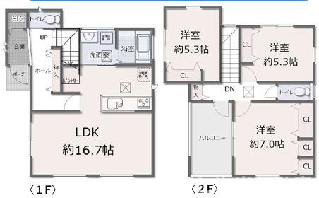 平塚市東真土3丁目　新築戸建の間取り|南東向き　３LDK