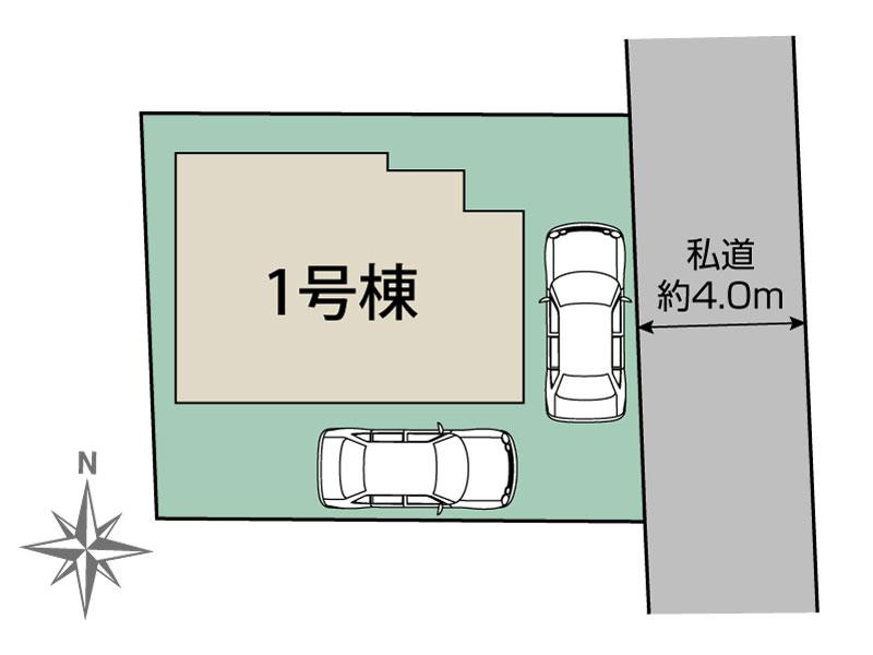 【Blooming Garden】小平市学園東町の区画図|土地面積34坪超の広々とした敷地♪前面道路は交通量が少なく、ゆっくりと駐車できます♪