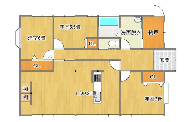 相馬市新沼字刈敷田 陽当たり良好！ 中古平屋住宅 3LDK＋S 不動産プラスの間取り|3SLDKの間取です。各居室に収納を造作しますので、おうちの中をすっきり保てそうですね。リビングスペースにはテレビ用の壁を造作し、裏に棚を造るなどこだわりの詰まった間取りです。