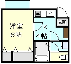 【間取り】 | かえるコーポ | 1K（K4帖、洋室6帖）