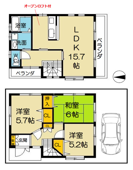 【間取り】 | 八尾市小畑町1丁目 | 2階建「3LDK＋カースペース」室内水廻り設備新調を含む全面リフォーム済み☆浴室乾燥機完備☆2階に水廻り設備集約、家事ラク動線確保です♪