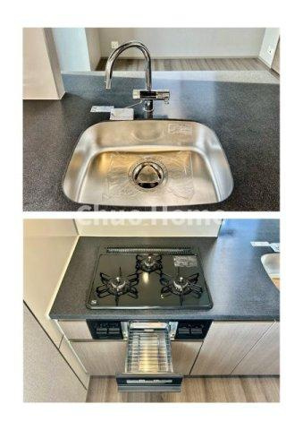 ミルーナヒルズ亀有のキッチン|【キッチン水栓】キッチン水栓はシャワーヘッドが伸びますのでシンクの隅々まで届きます。【三ツ口コンロ】奥様に好評な三ツ口コンロと魚焼きグリルです。