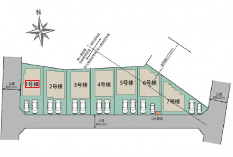 所沢市東狭山ヶ丘3丁目・全7棟　新築一戸建　1号棟の区画図|【全7棟・1号棟】
並列駐車2台可、日当たり・通風良好な南西角地です。